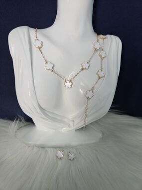 Stainless Necklace, Bracelet and Stud Earrings Set with White Clover Accents